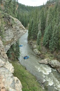 Piedra River with rafts from above, Pagosa Springs Colorado